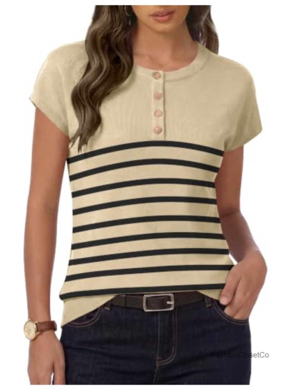 Women's Crochet Button Up Cap Sleeve Sweater Crew Neck Lightweight Knit Top